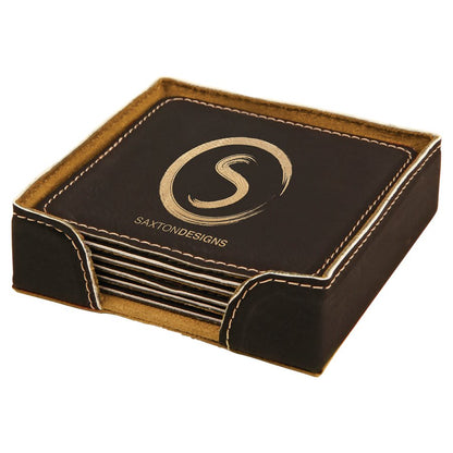 4" x 4"/Gold Square Laserable Leatherette 6-Coaster Set