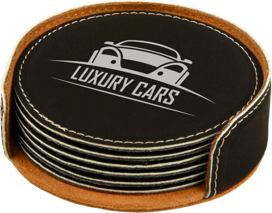 4"/Silver Round Laserable Leatherette 6-Coaster Set