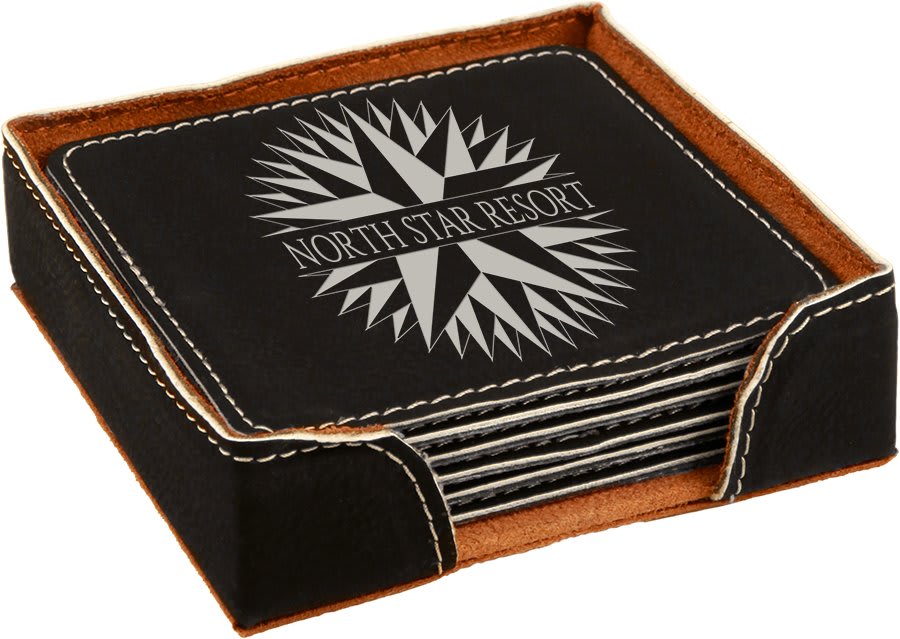 4" x 4"/Silver Square Laserable Leatherette 6-Coaster Set
