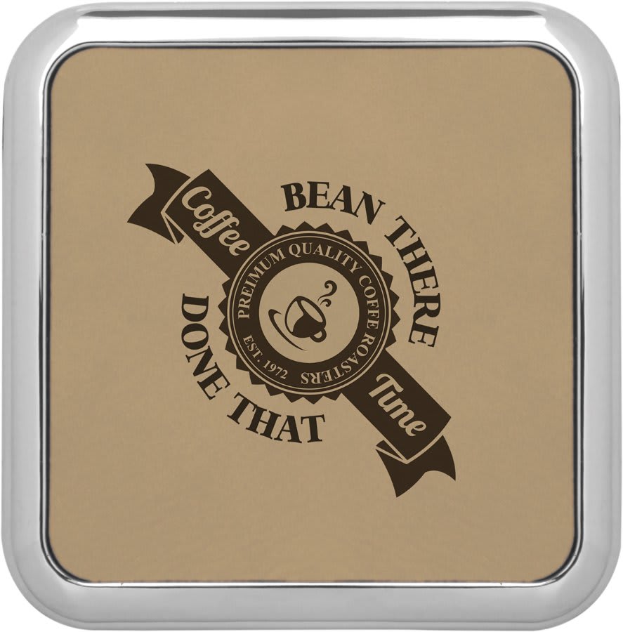 3 5/8" x 3 5/8" Square Light Laserable Leatherette Coaster w/Silver Edge