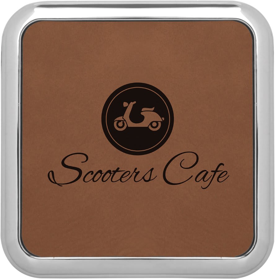 3 5/8" x 3 5/8" Square Dark Laserable Leatherette Coaster w/Silver Edge