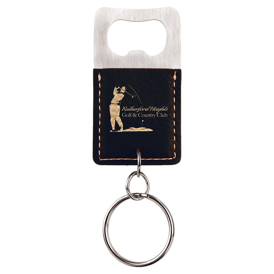 Rectangle/Gold Laserable Leatherette Bottle Opener Keychain