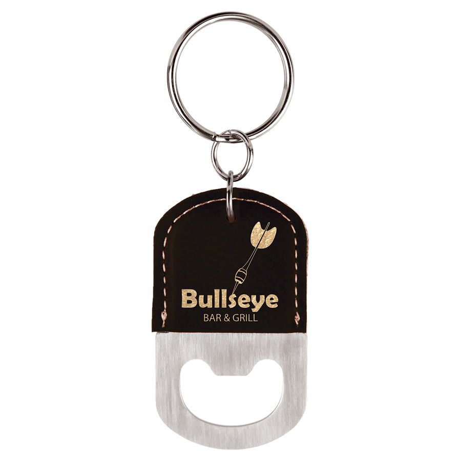 Oval/Gold Laserable Leatherette Bottle Opener Keychain