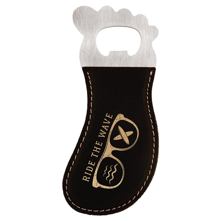 Black/Gold Laserable Leatherette Foot Shaped Bottle Opener with Magnet