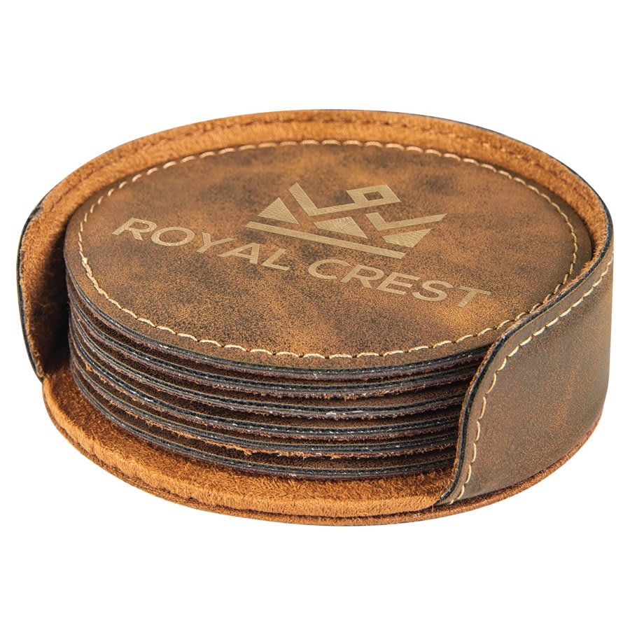 4" Rustic/Gold Round Laserable Leatherette 6