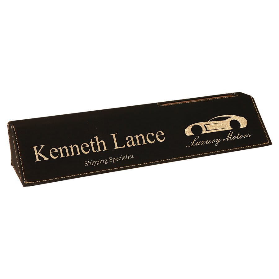 10 1/2"/Gold Laserable Leatherette Desk Wedge with Business Card Holder