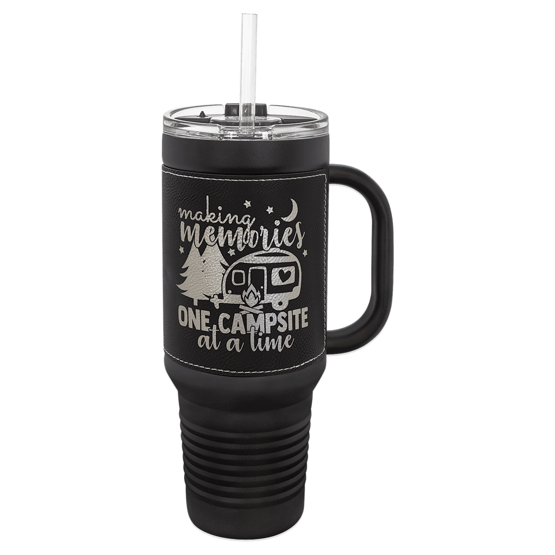 Polar Camel 40 oz. with Black/Silver Laserable Leatherette Travel Mug with a Handle & Straw