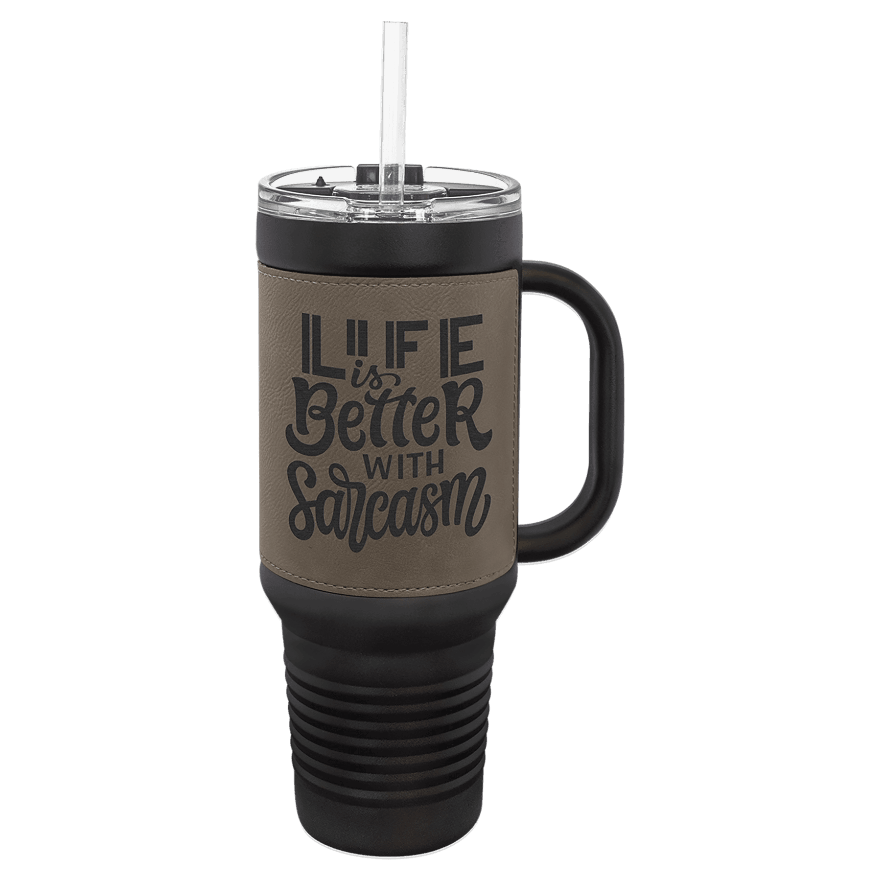 Polar Camel 40 oz. Black with Laserable Leatherette Travel Mug with a  Handle & Straw