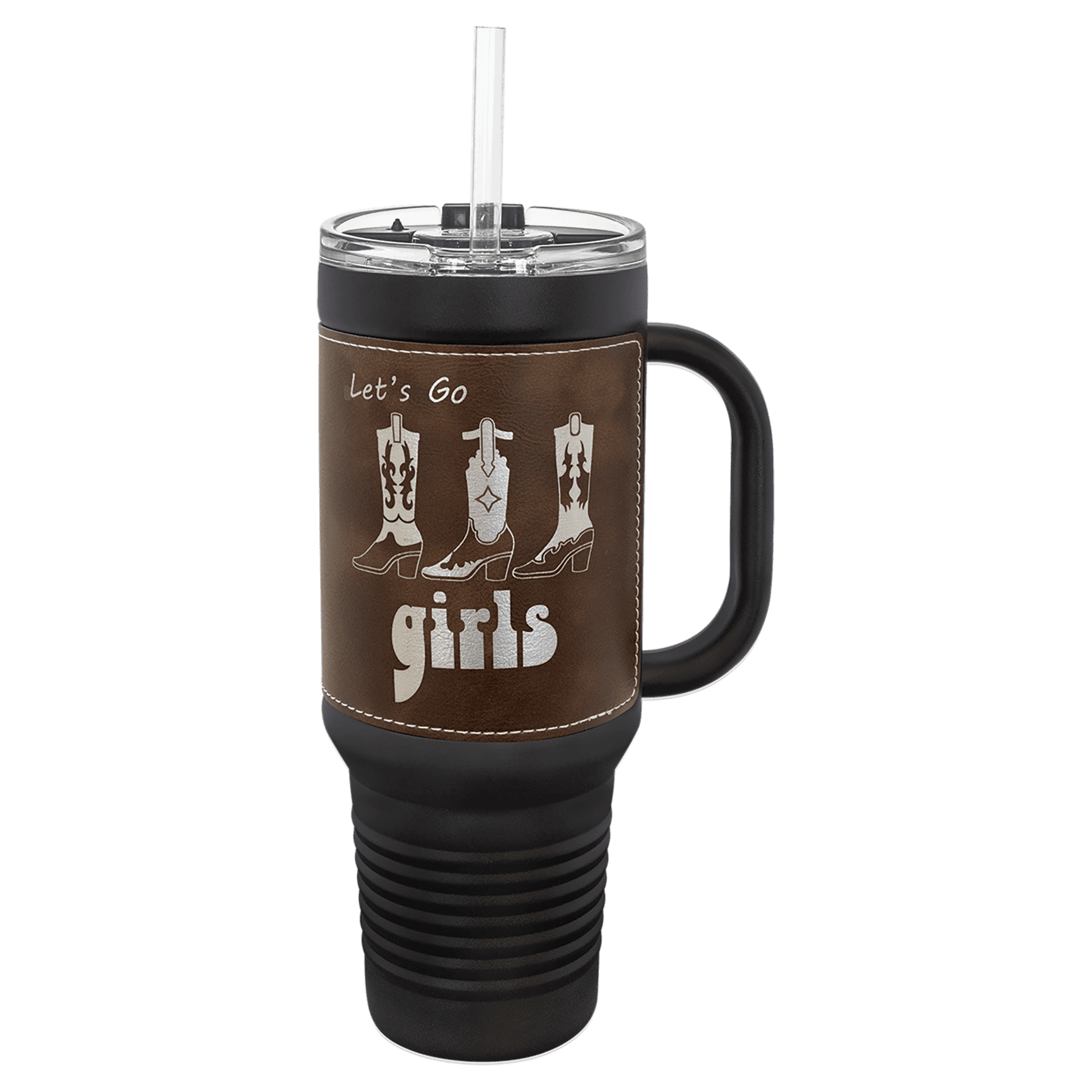 Polar Camel 40 oz. with Rustic/Silver Laserable Leatherette Travel Mug with Handle & Straw