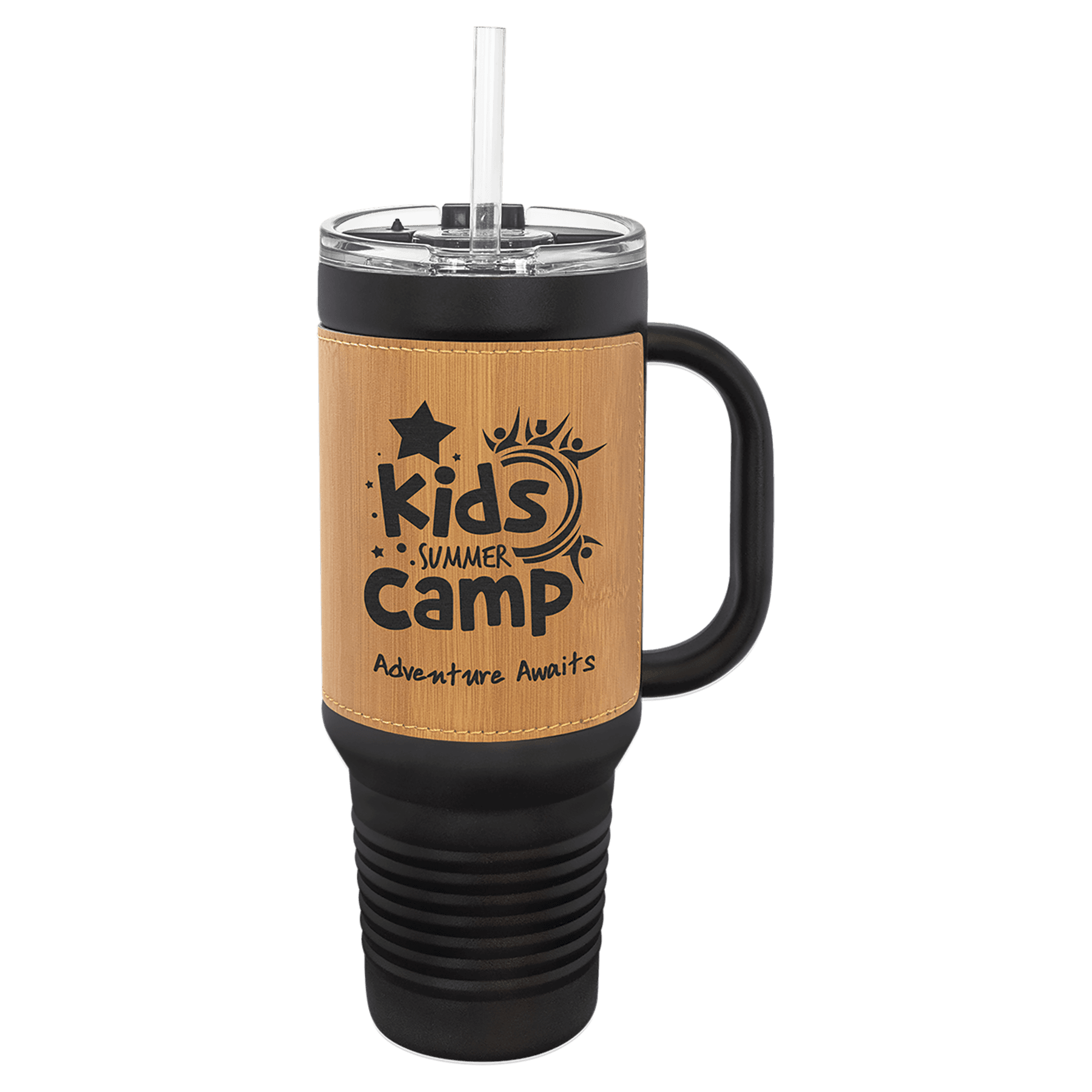Polar Camel 40 oz. with Bamboo Laserable Leatherette Travel Mug with a Handle & Straw