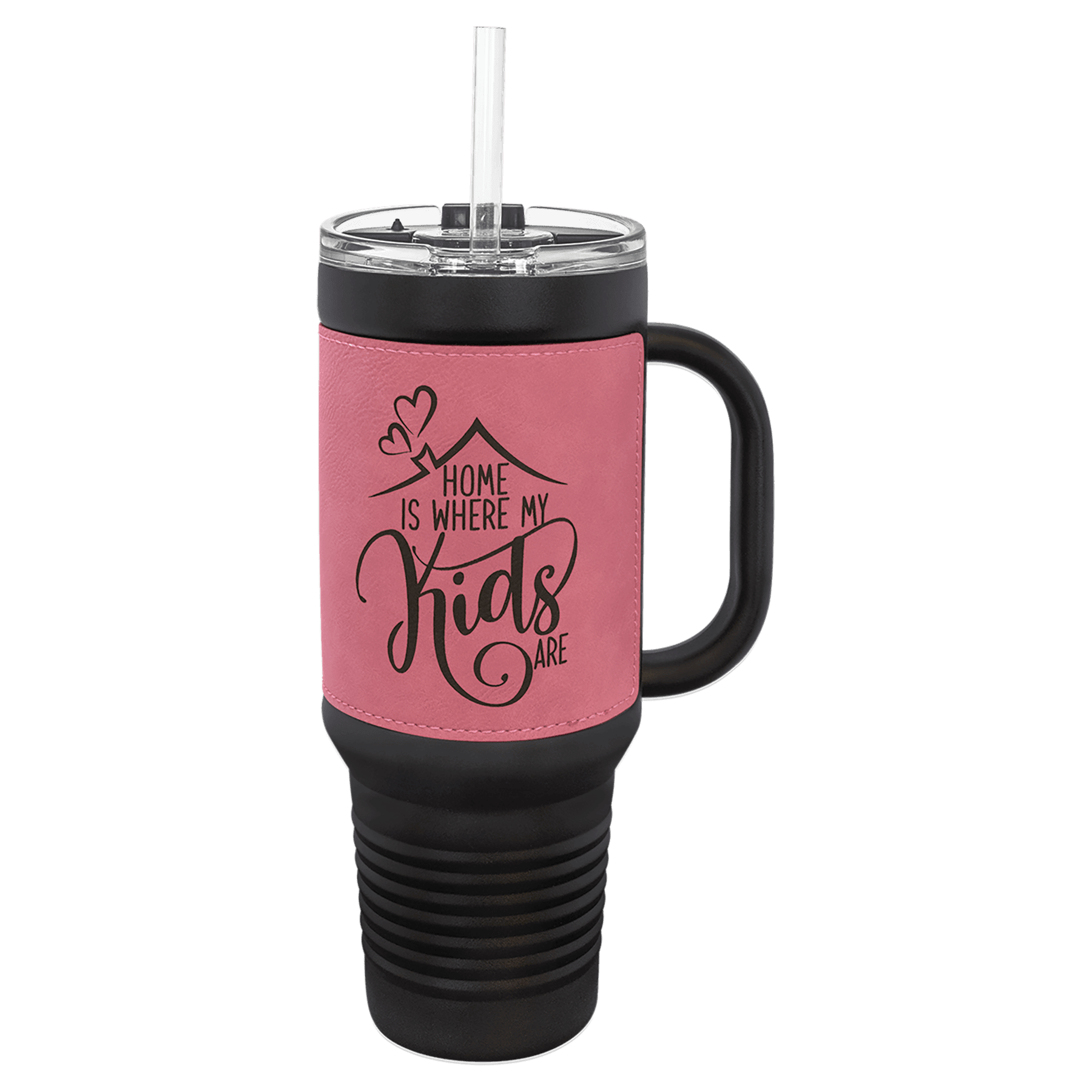 Polar Camel 40 oz. Black with Laserable Leatherette Travel Mug with a  Handle & Straw