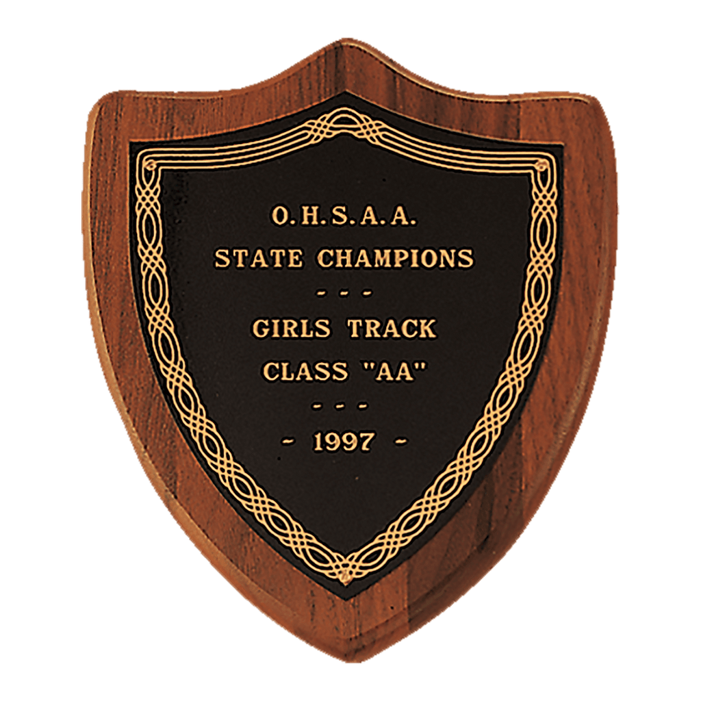 7" x 8" Jewelers Black Laserable Border Shield Plate on an American Walnut Shield Plaque- Sheffield Series
