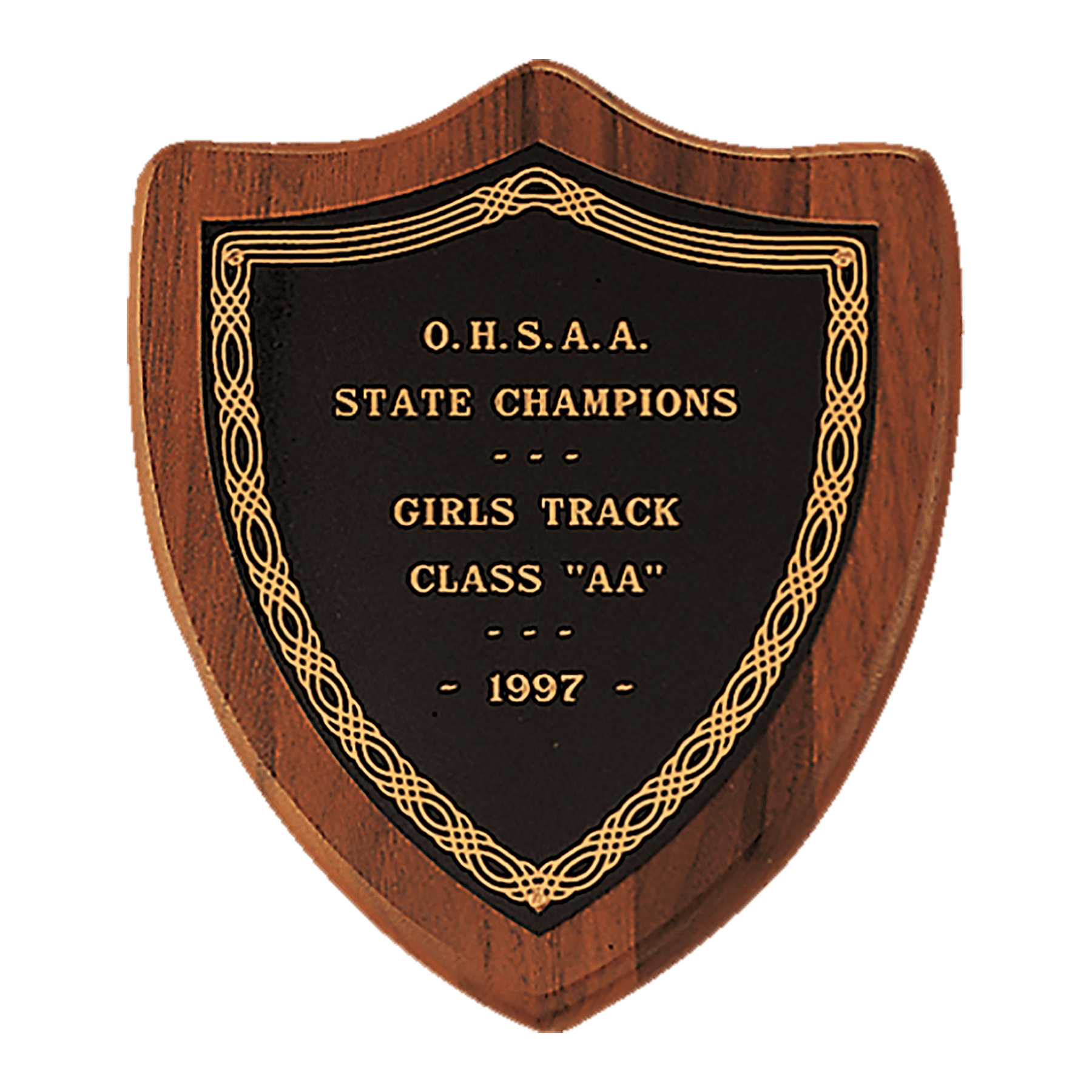 7" x 8" Jewelers Black Laserable Border Shield Plate on an American Walnut Shield Plaque- Sheffield Series