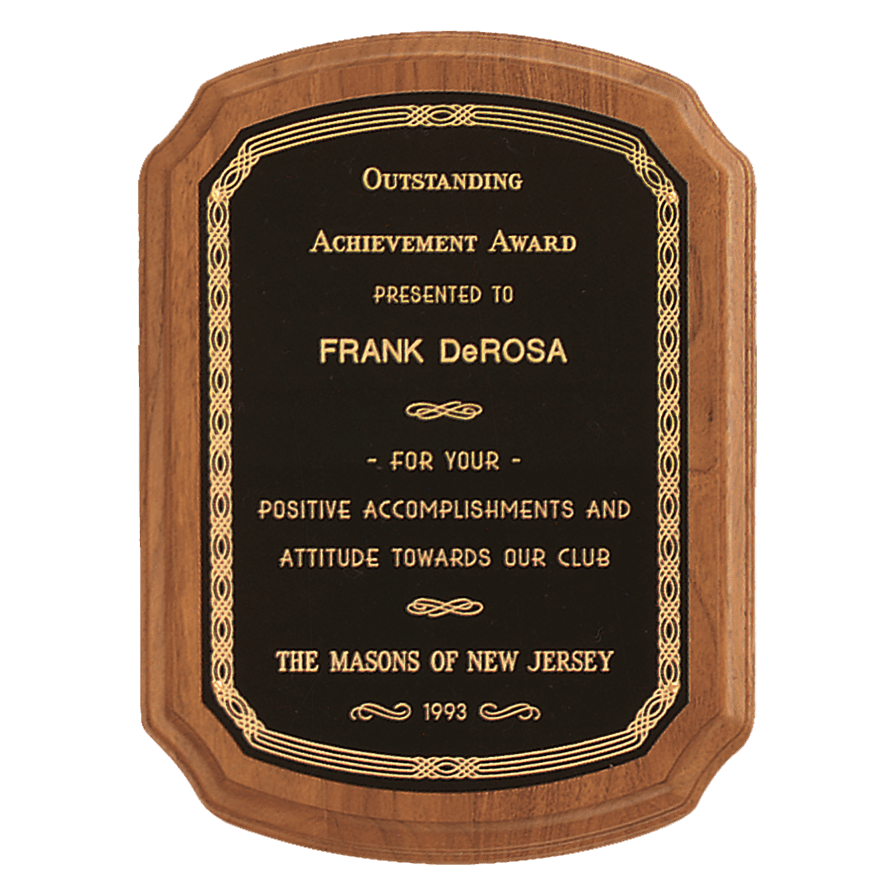 7" x 8" Coventry Series American Walnut Plaque with Gold Border Laserable Brass Plate