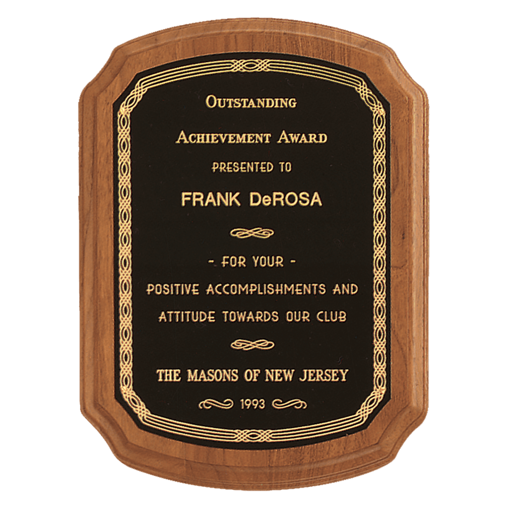 10 1/2" x 13" Coventry Series American Walnut Plaque with Gold Border Laserable Brass Plate