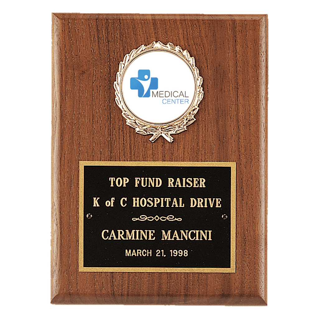 4 1/2" x 6" American Walnut Plaque with Gold Border Laserable Brass Plate and 2" Insert Holder- Witney Series (2" Inserts Sold Seperately)