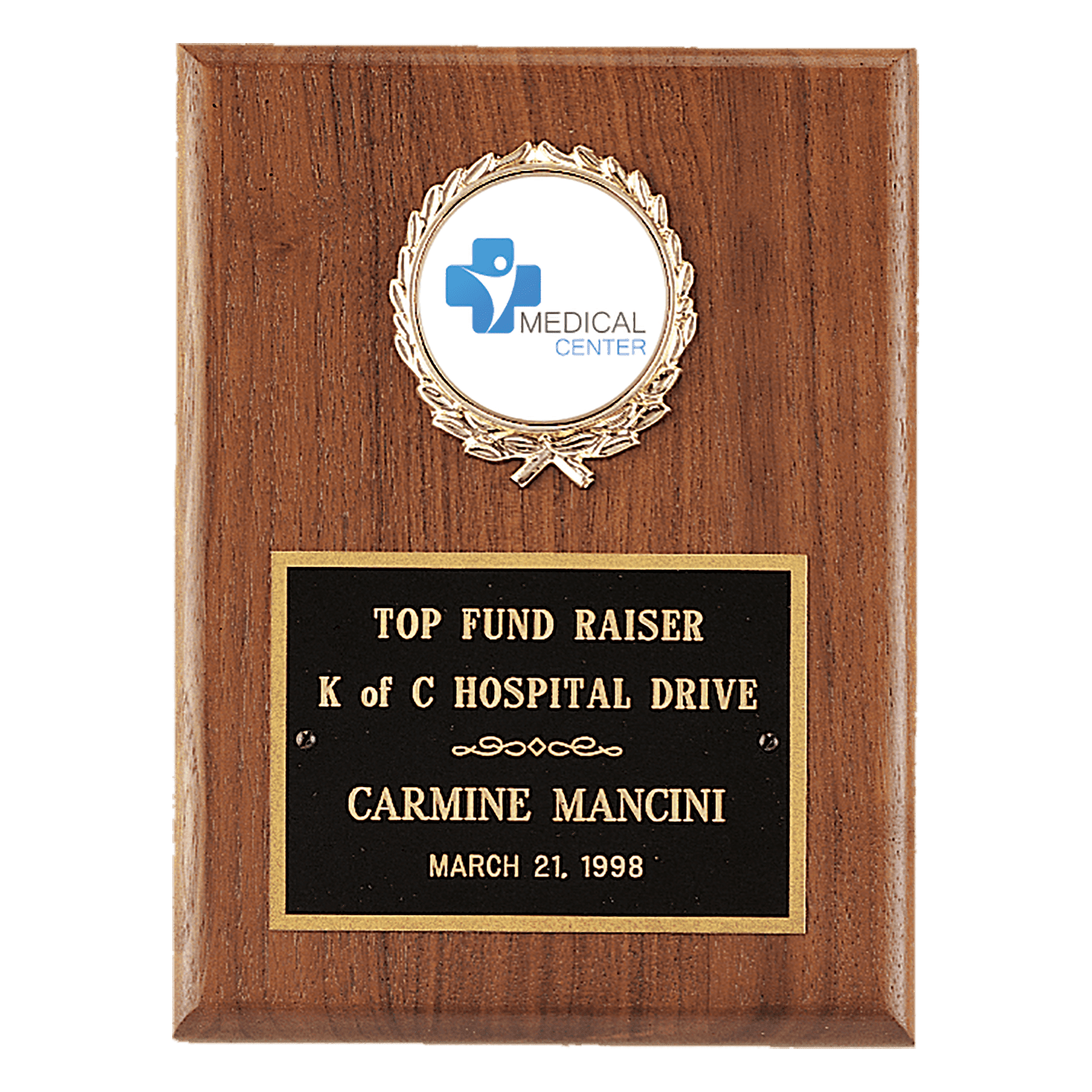 4 1/2" x 6" American Walnut Plaque with Gold Border Laserable Brass Plate and 2" Insert Holder- Witney Series (2" Inserts Sold Seperately)