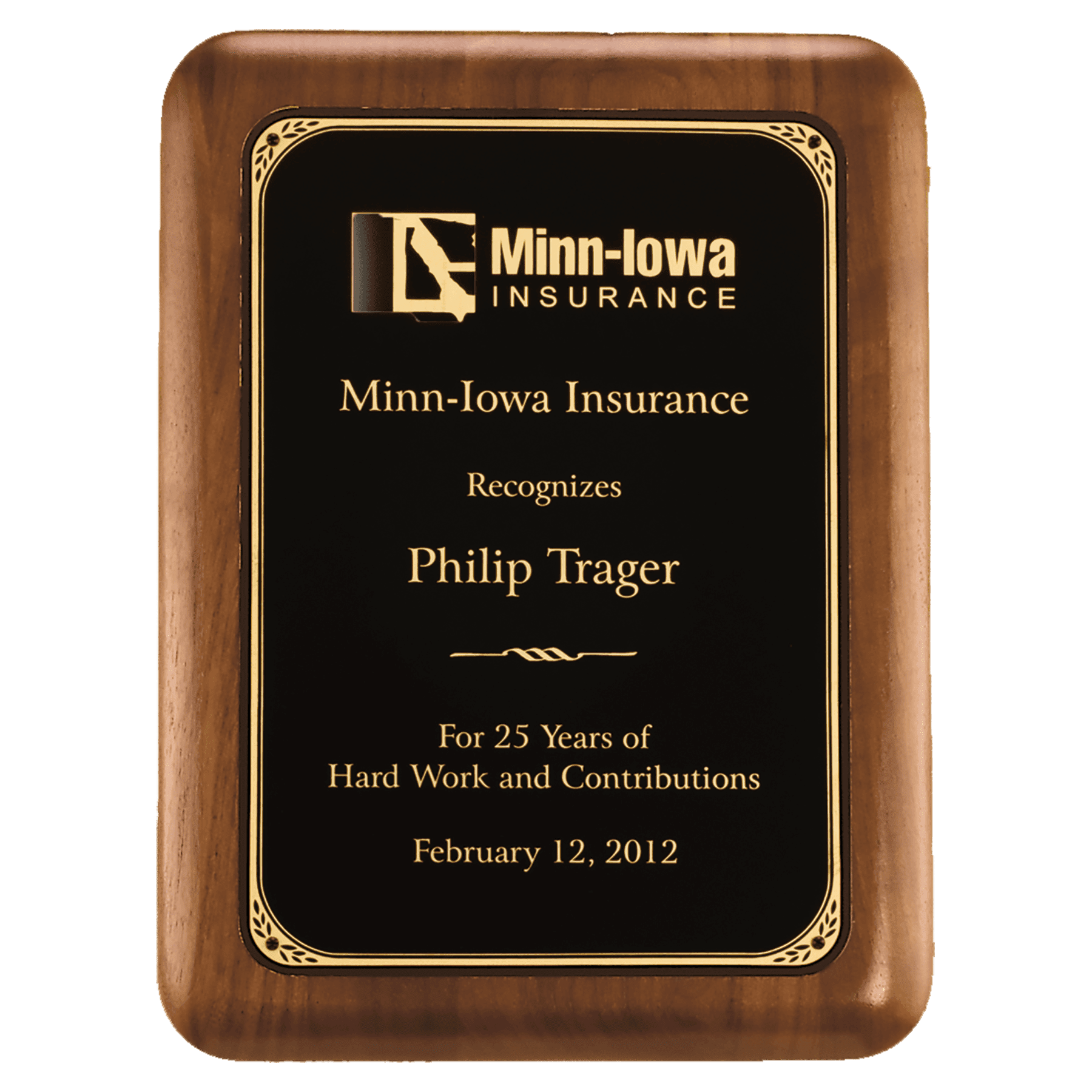 10 1/2" x 13" American Walnut Plaque with Gold Border Laserable Brass Plate