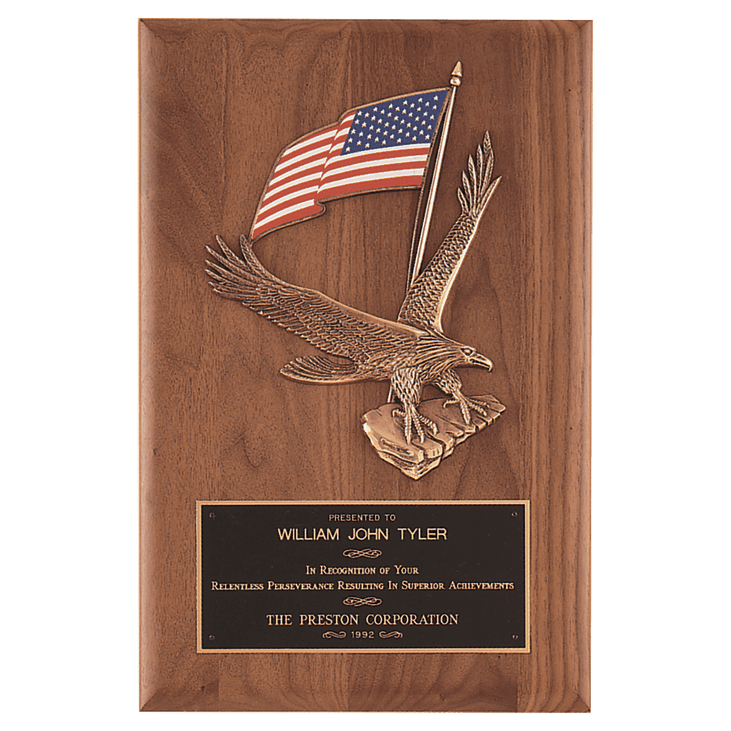8" x 10 1/2" Solid American Walnut Plaque with Finely Detailed Eagle with American Flag Relief and Laserable Brass Plate
