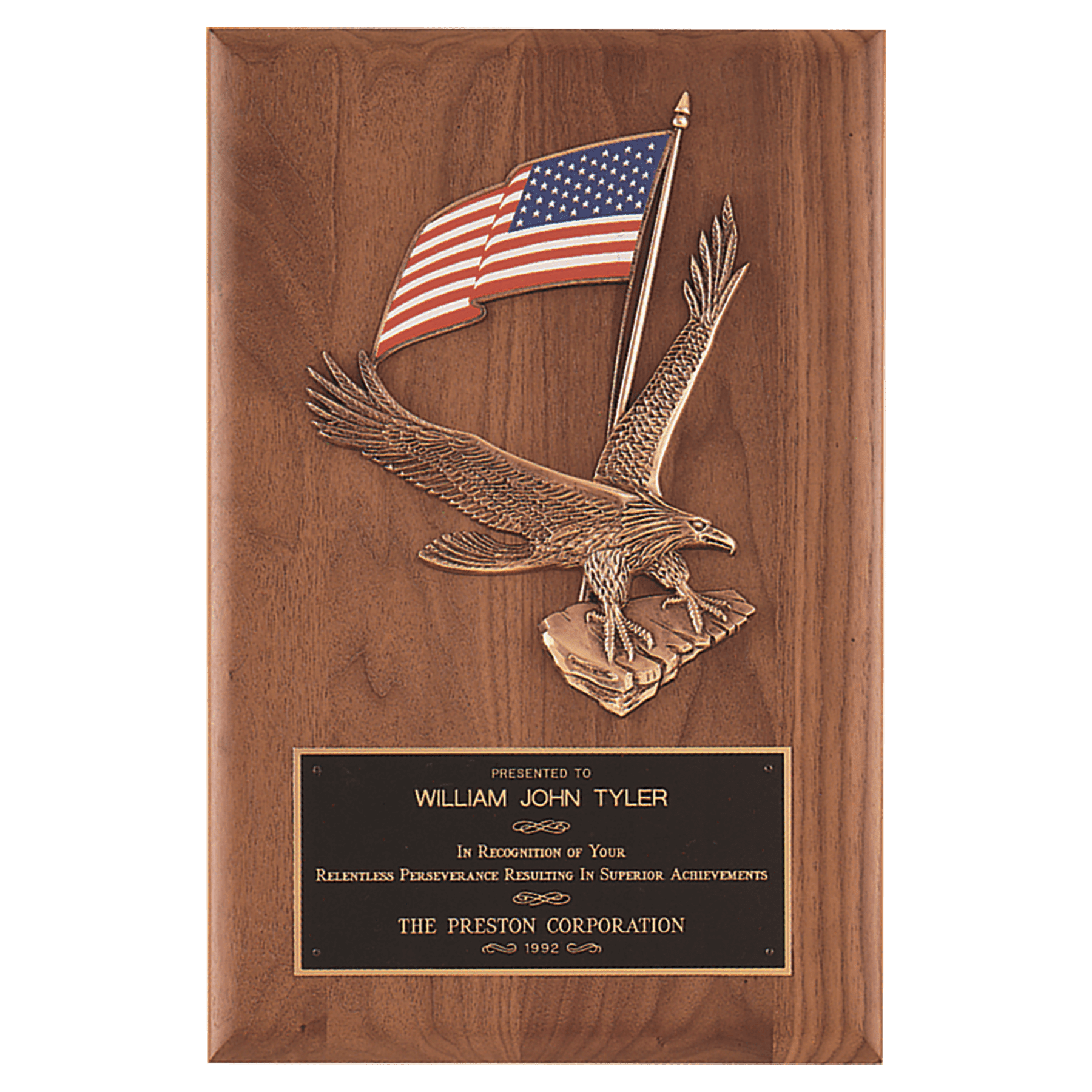 8" x 10 1/2" Solid American Walnut Plaque with Finely Detailed Eagle with American Flag Relief and Laserable Brass Plate