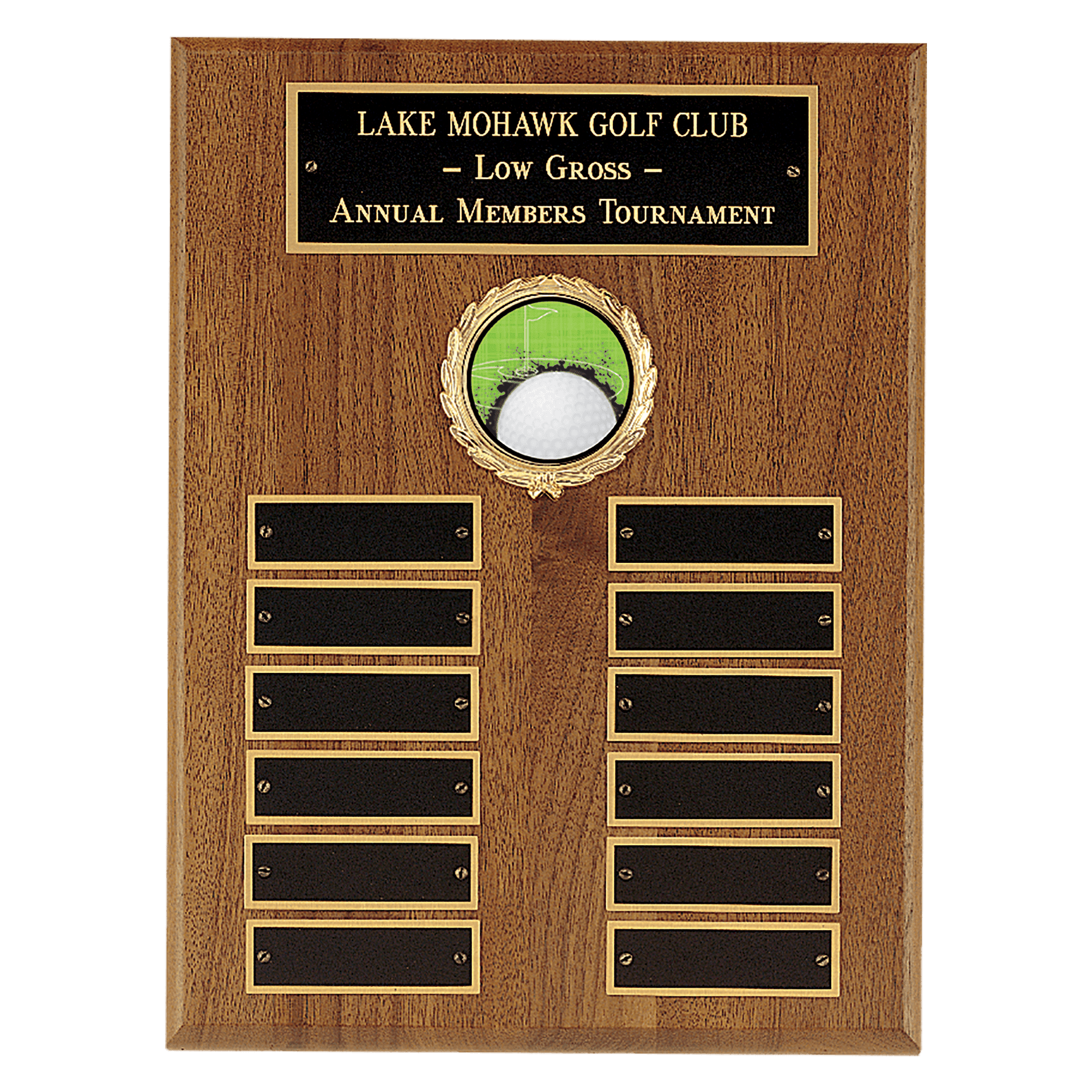 9" x 12" American Walnut Perpetual Plaque with 12 Gold Border Laserable Brass Plates and 2" Insert Holder- Witney Series