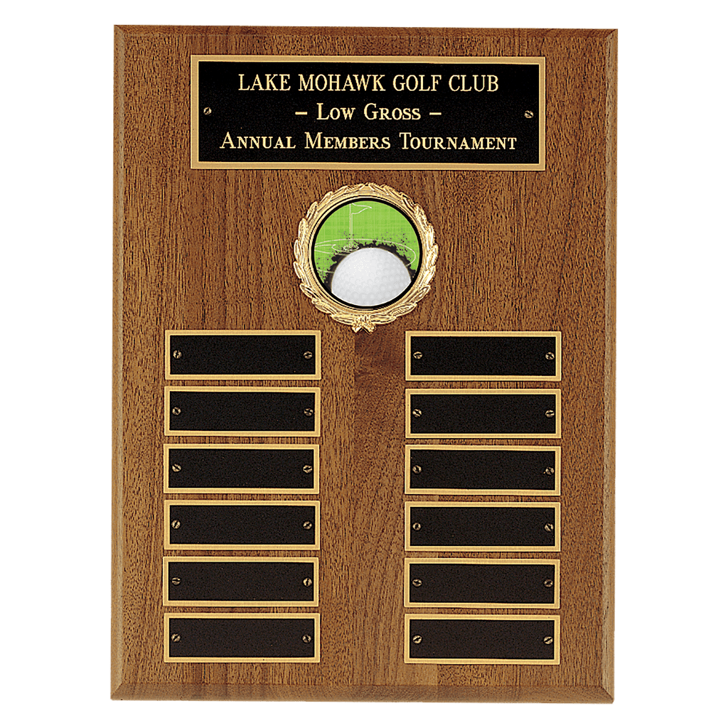 9" x 12" American Walnut Perpetual Plaque with 12 Gold Border Laserable Brass Plates and 2" Insert Holder- Witney Series