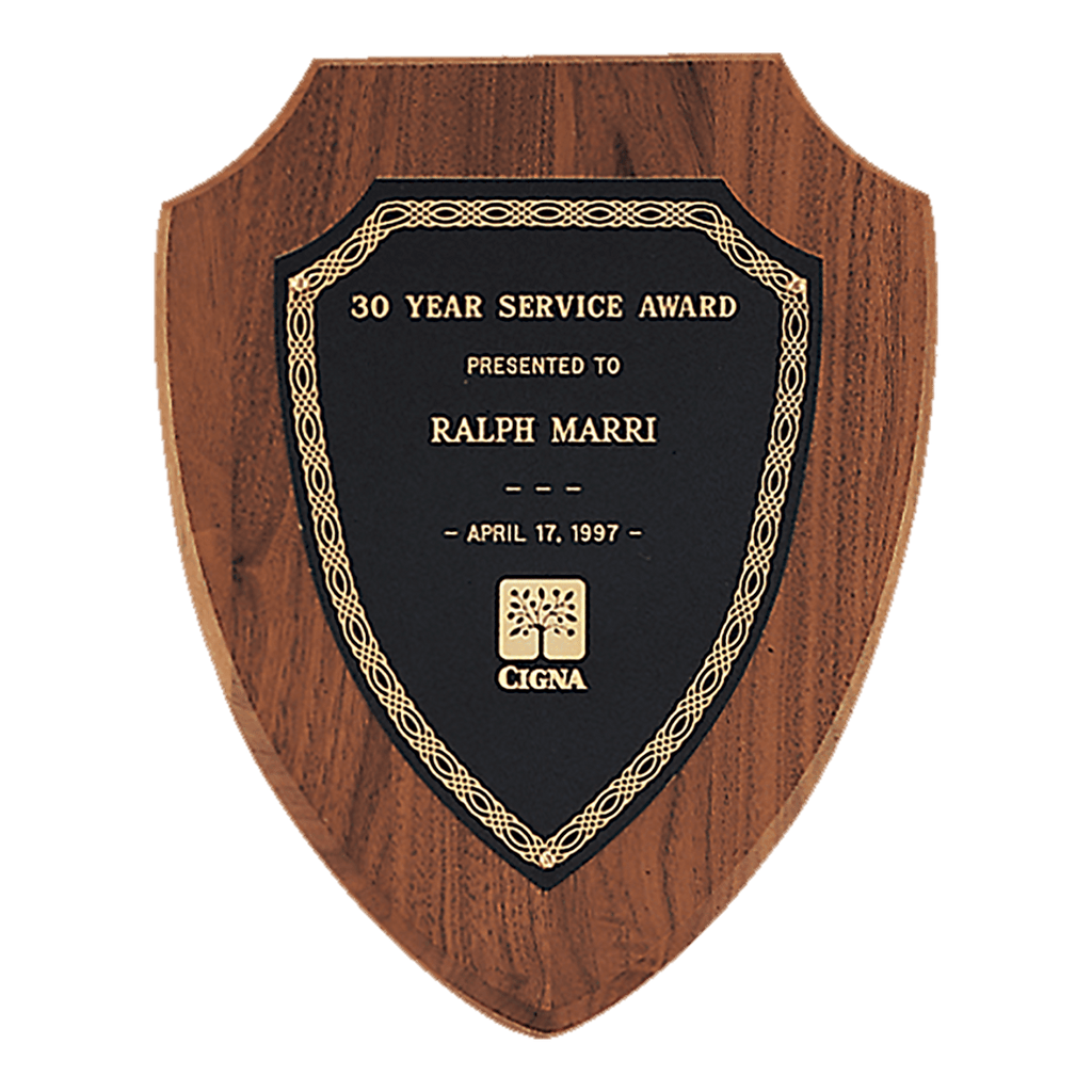 8 1/2" x 10 1/2" Jewelers Black Laserable Border Shield Plate on an American Walnut Shield Plaque- Sheffield Series