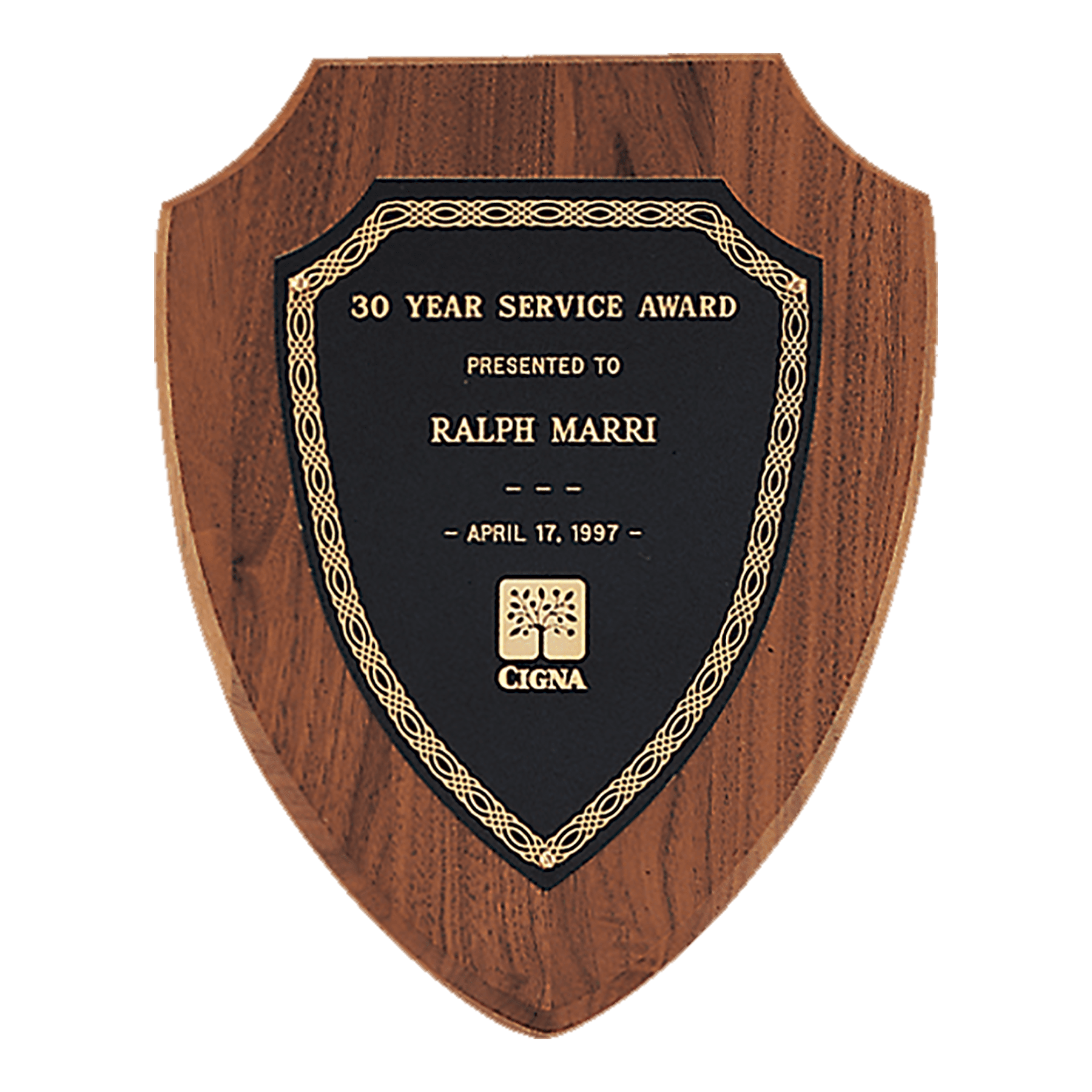 8 1/2" x 10 1/2" Jewelers Black Laserable Border Shield Plate on an American Walnut Shield Plaque- Sheffield Series