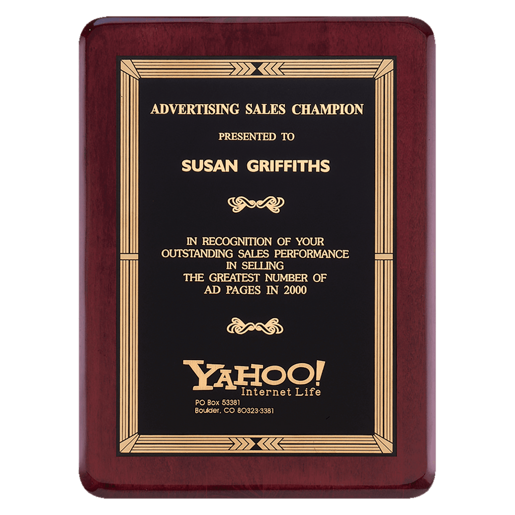 8" x 10 1/2" Airflyte Premium Rosewood Piano Finish Plaque with Gold Border Laserable Brass Plate