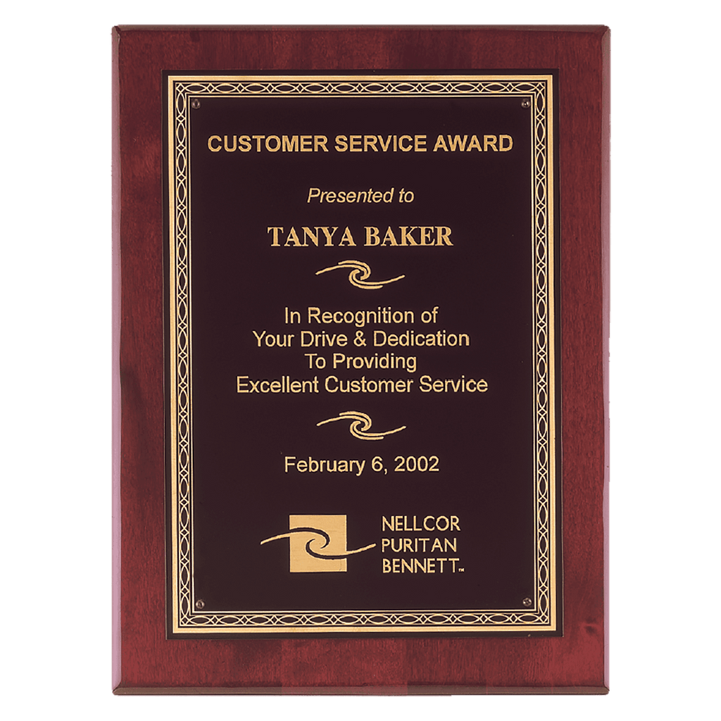 11" x 14" Airflyte Premium Rosewood Piano Finish Plaque with Gold Florentine Laserable Brass Plate