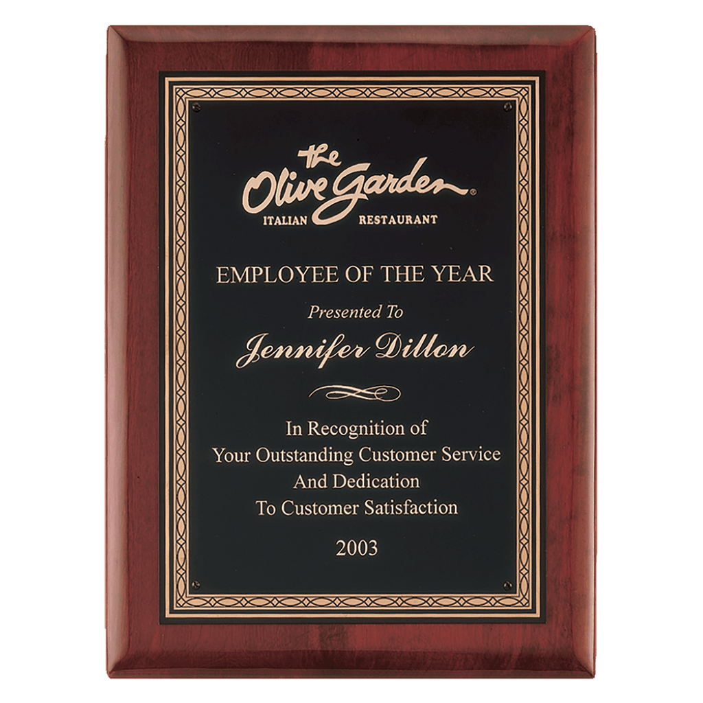 10 1/2" x 13" Airflyte Premium Rosewood Piano Finish Plaque with Gold Border Laserable Brass Plate