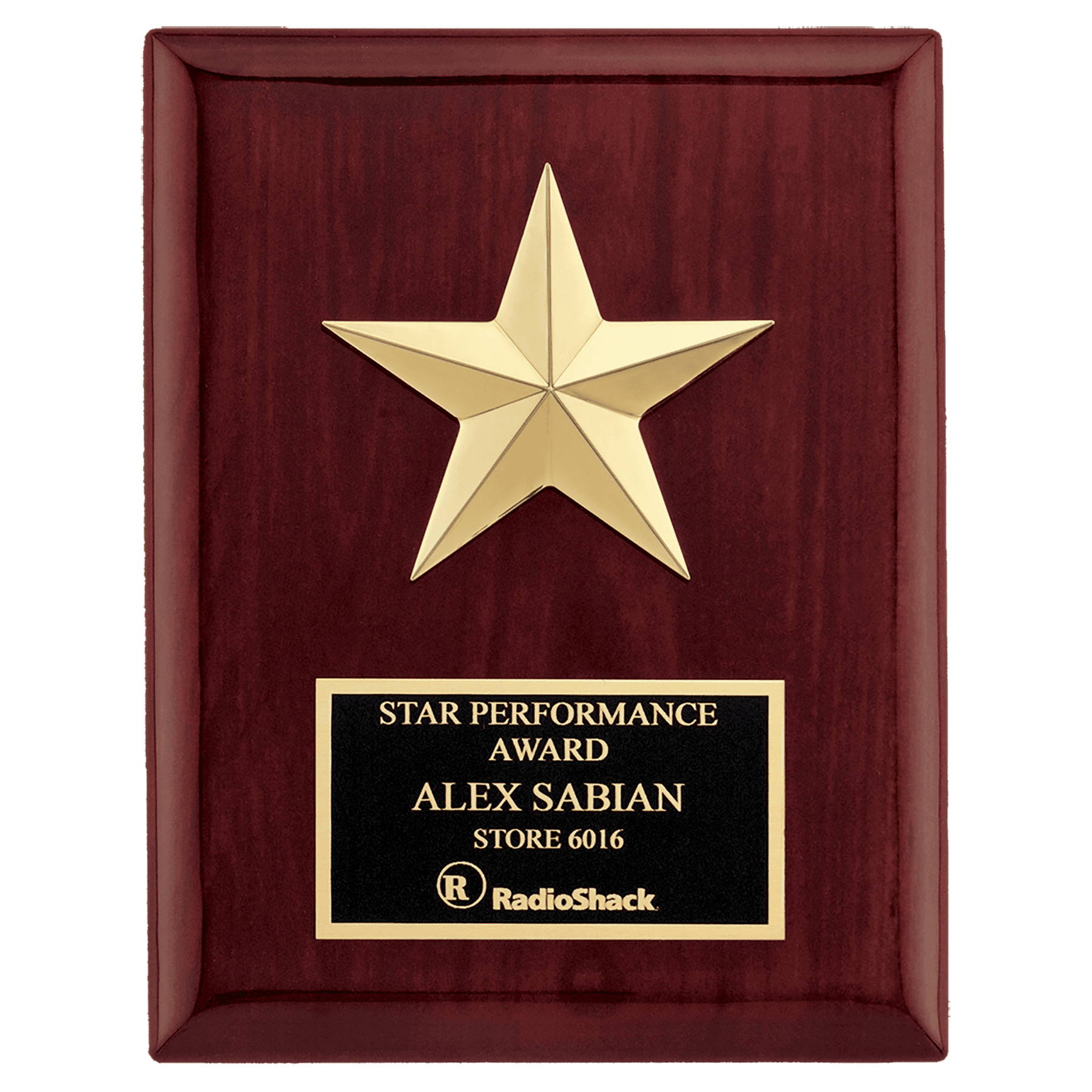 6" x 8" Star Casting with Gabled Points and Goldtone Finish on a Rosewood Piano Finish Plaque with a Laserable Plate