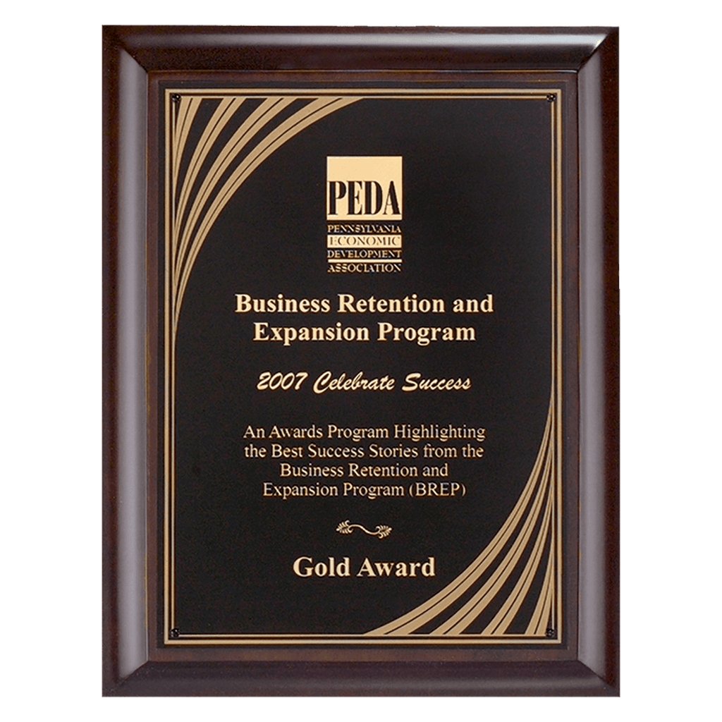 8" x 10" Hand Rubbed Cherry Finish Plaque with Cascading Gold Swirl Design Laserable Brass Plate