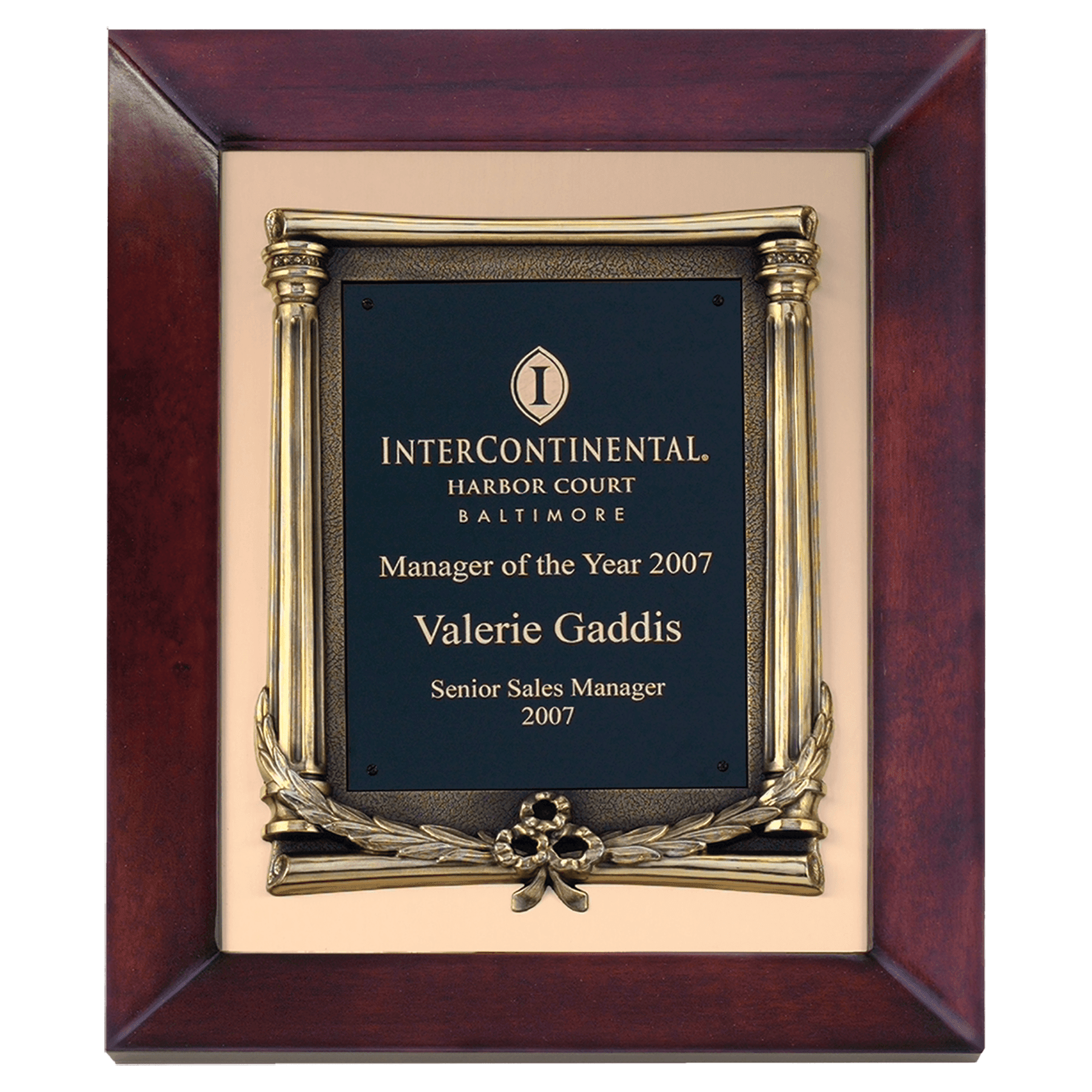 12" x 15" Airflyte Cherry Finish Frame with Antique Bronze Finished Metal Frame on a Brushed Gold Metal Background with a Laserable Brass Plate