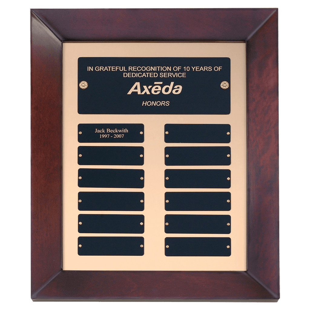 12" x 15" Airflyte Cherry Finish Frame Perpetual Plaque with Gold Metal Background and 12 Laserable Brass Plates