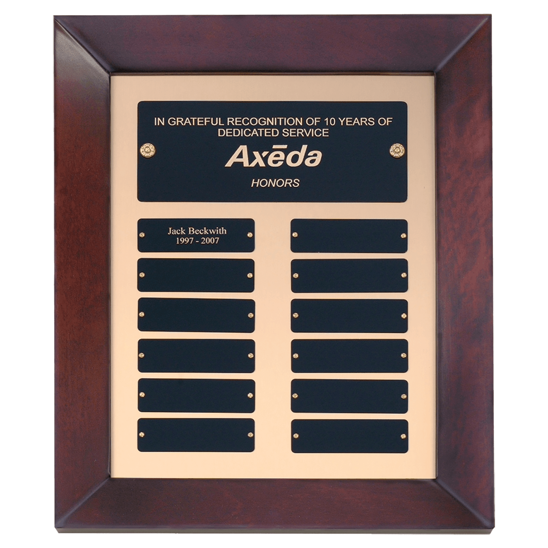 12" x 15" Airflyte Cherry Finish Frame Perpetual Plaque with Gold Metal Background and 12 Laserable Brass Plates