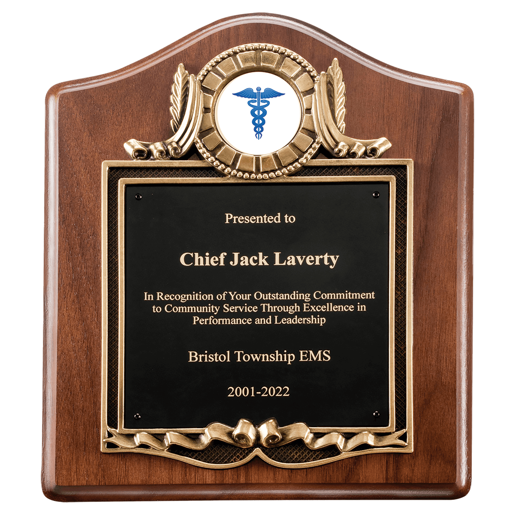 10" x 12" American Walnut Plaque with Gold Border Decorative Frame with 2" Insert Holder, Laserable Brass Plate- Witney Series