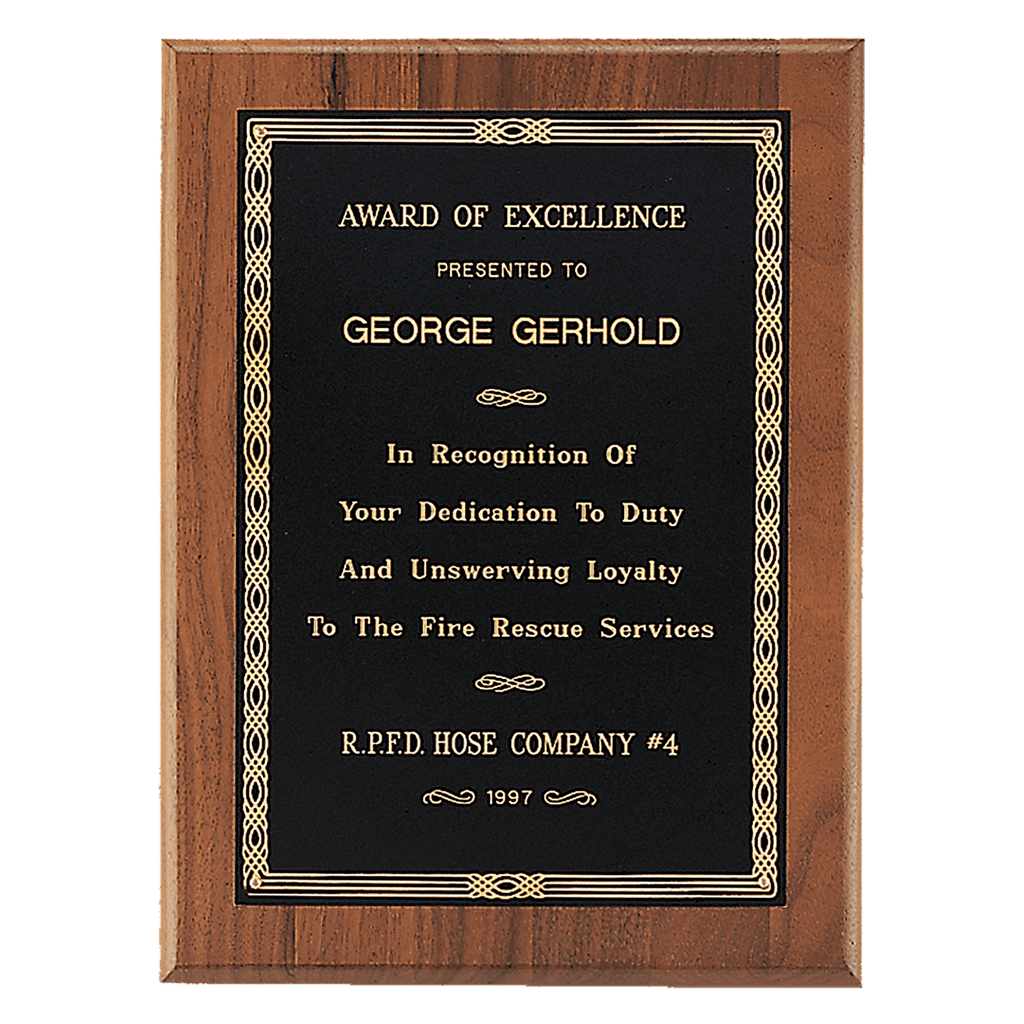 4 1/2" x 6" Jewelers Black Laserable Border Plate on an American Walnut Plaque- Sheffield Series