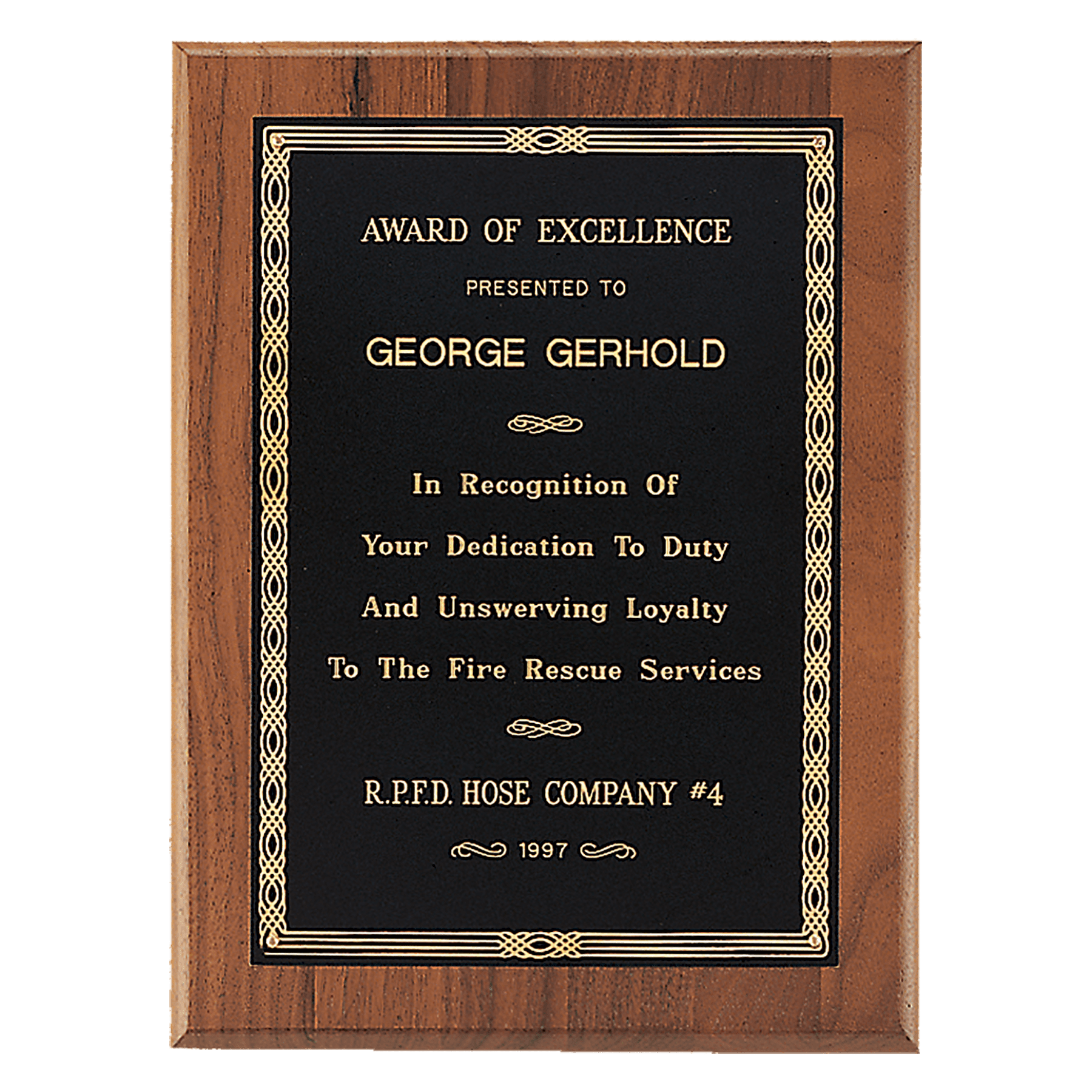 6" x 8" Jewelers Black Laserable Border Plate on an American Walnut Plaque - Sheffield Series