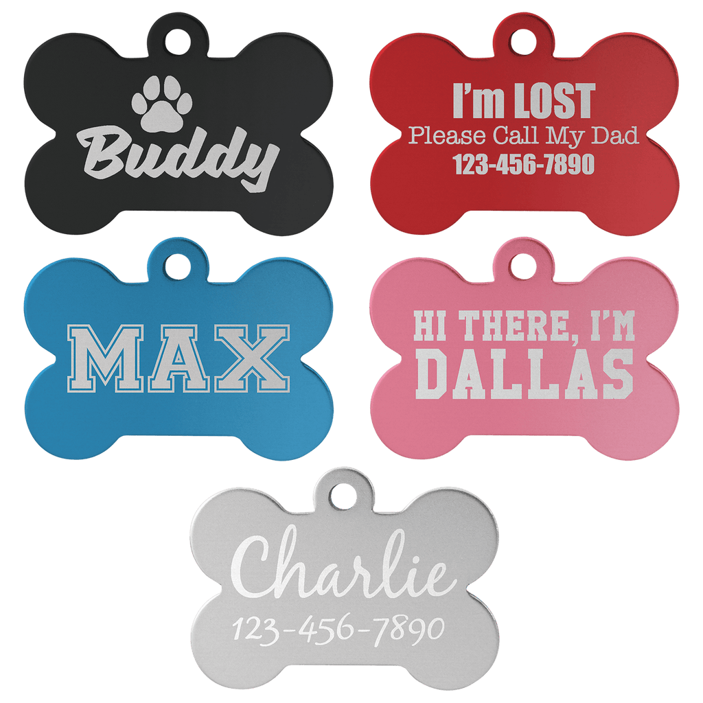 1 1/2" x 1" Laserable Anodized Aluminum Bone Pet Tag Sample Set