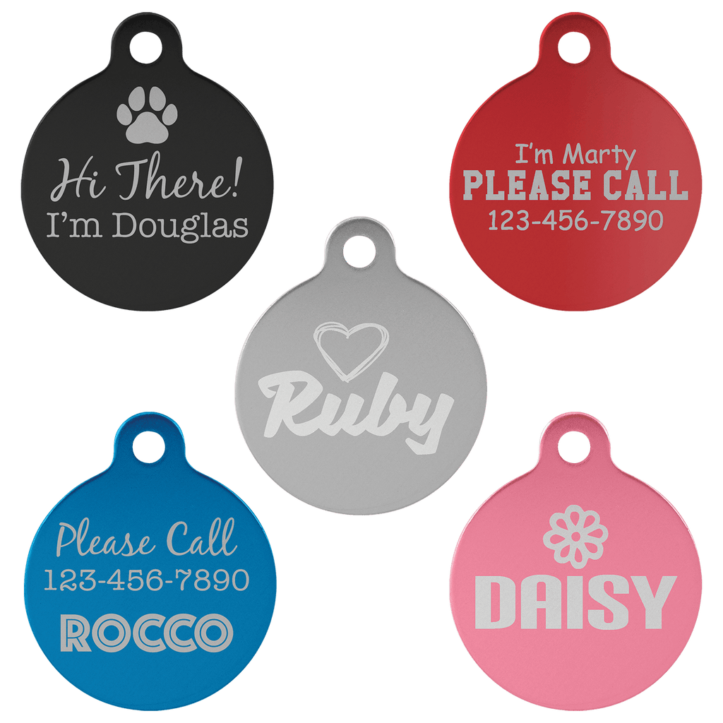 1 1/4" Laserable Anodized Aluminum Round Pet Tag with Tab Sample Set