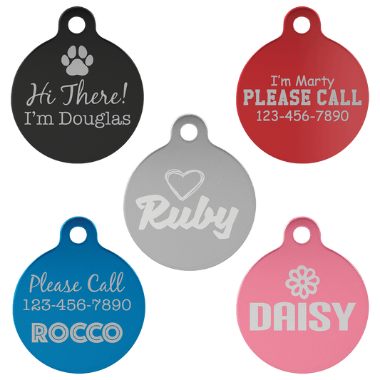 1 1/4" Laserable Anodized Aluminum Round Pet Tag with Tab Sample Set