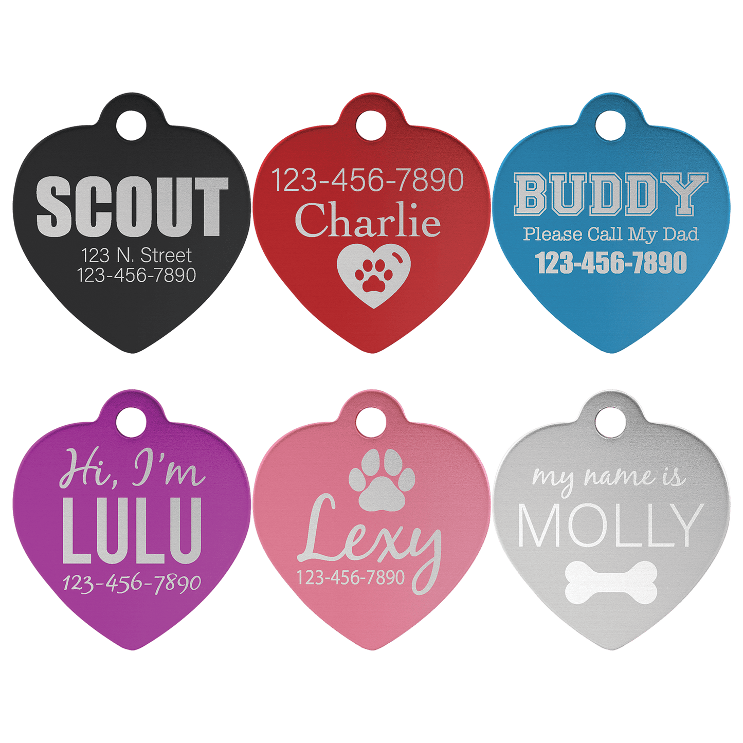 1 1/4" x 1 1/4" Laserable Heart Anodized Aluminum Pet Tag Sample Set