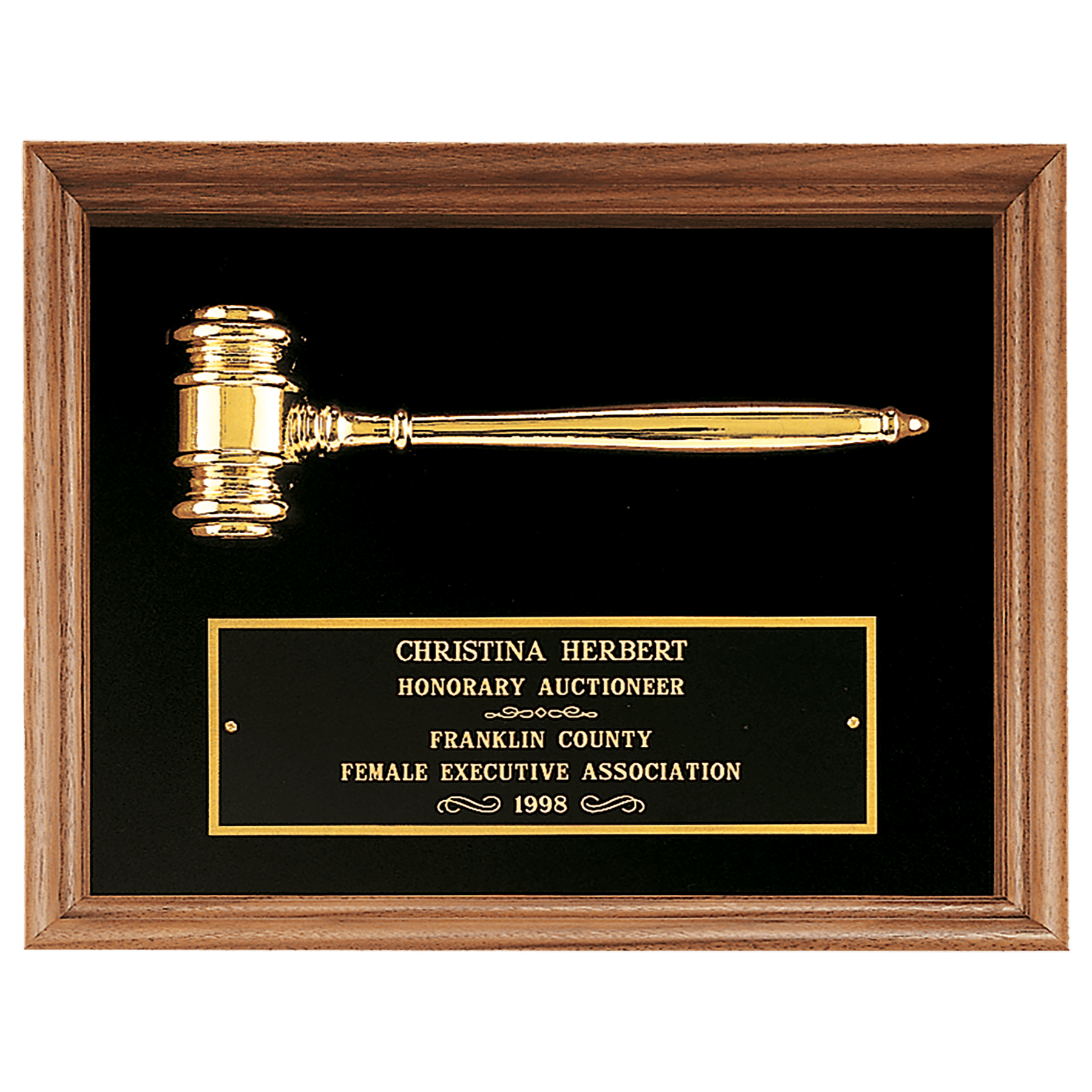 10" x 13" Gold Electrooplated Gavel in a Walnut Frame with Velour Background and Black Laserable Brass plate