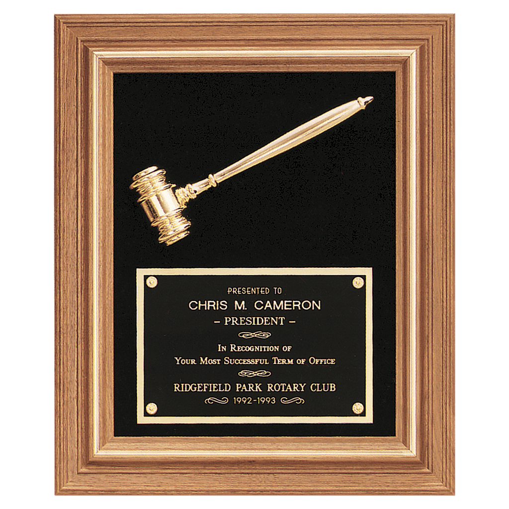 15" x 18" Gold Electroplated Gavel in a Walnut Frame with Velour Background and Black Laserable Brass Plate