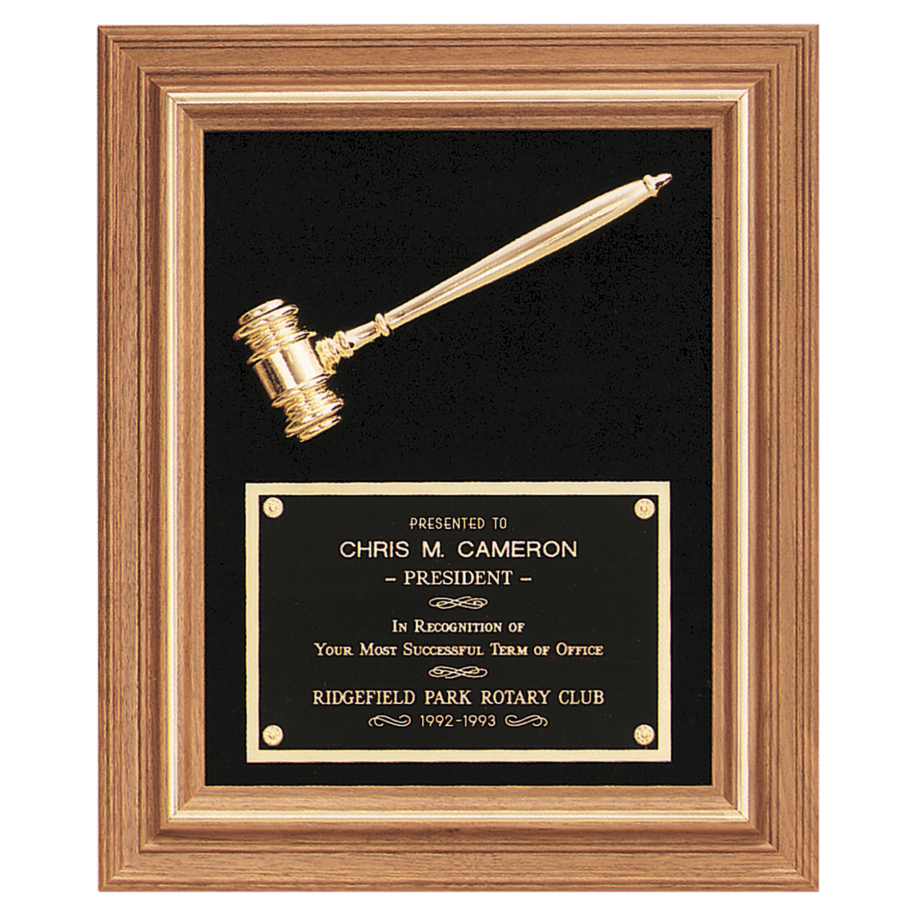 15" x 18" Gold Electroplated Gavel in a Walnut Frame with Velour Background and Black Laserable Brass Plate