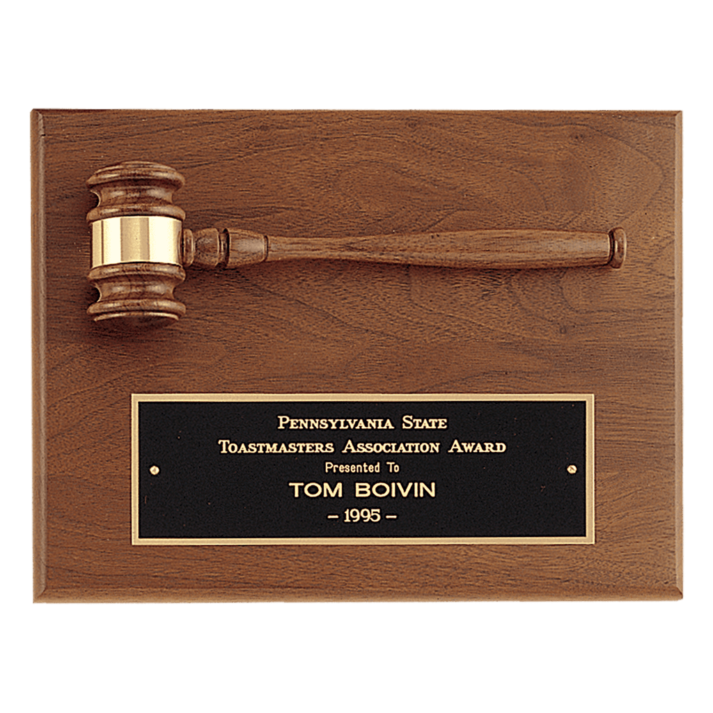 9" x 12" Solid Walnut Plaque with a Walnut Gavel, Gold Gavel Band and Laserable Brass Plate
