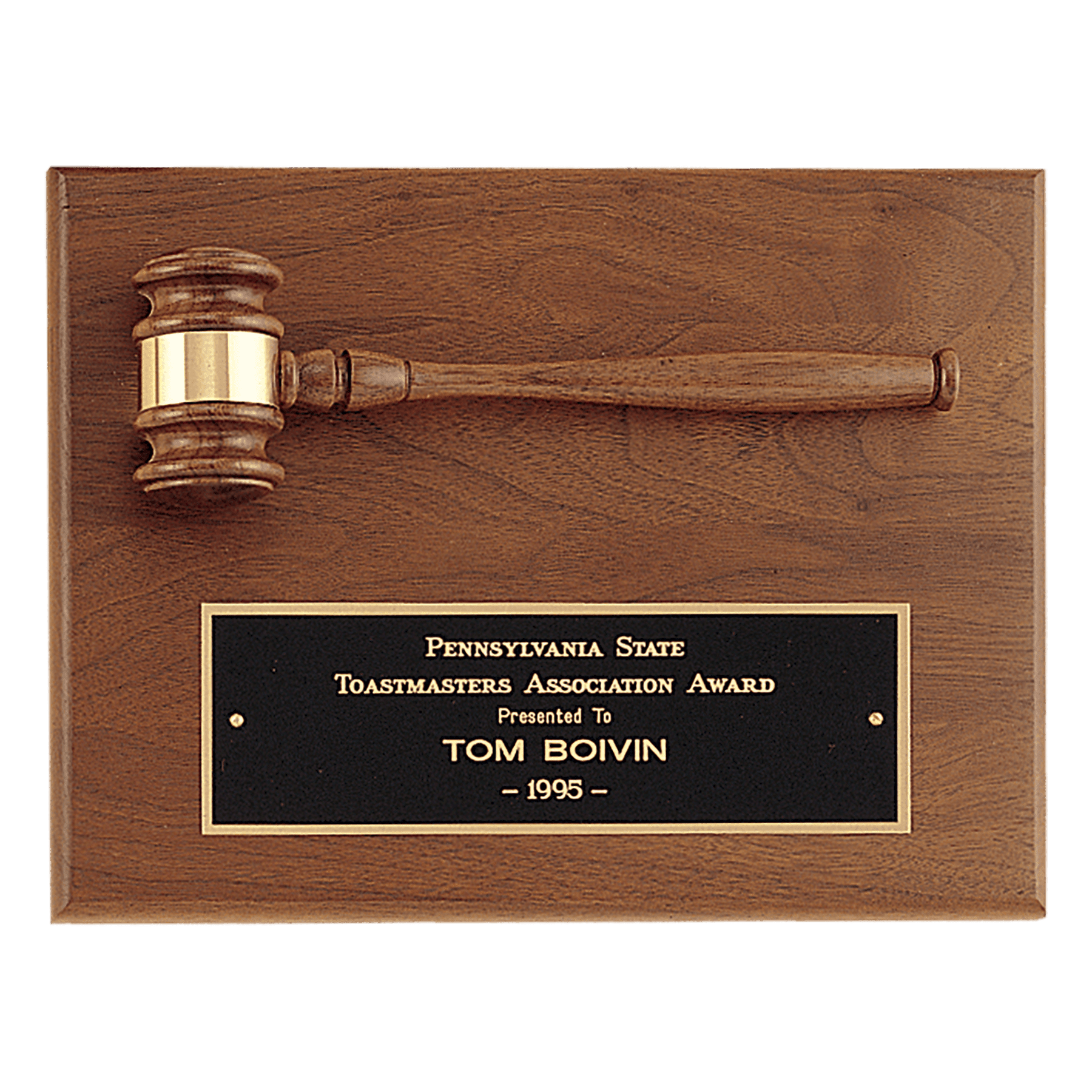 9" x 12" Solid Walnut Plaque with a Walnut Gavel, Gold Gavel Band and Laserable Brass Plate