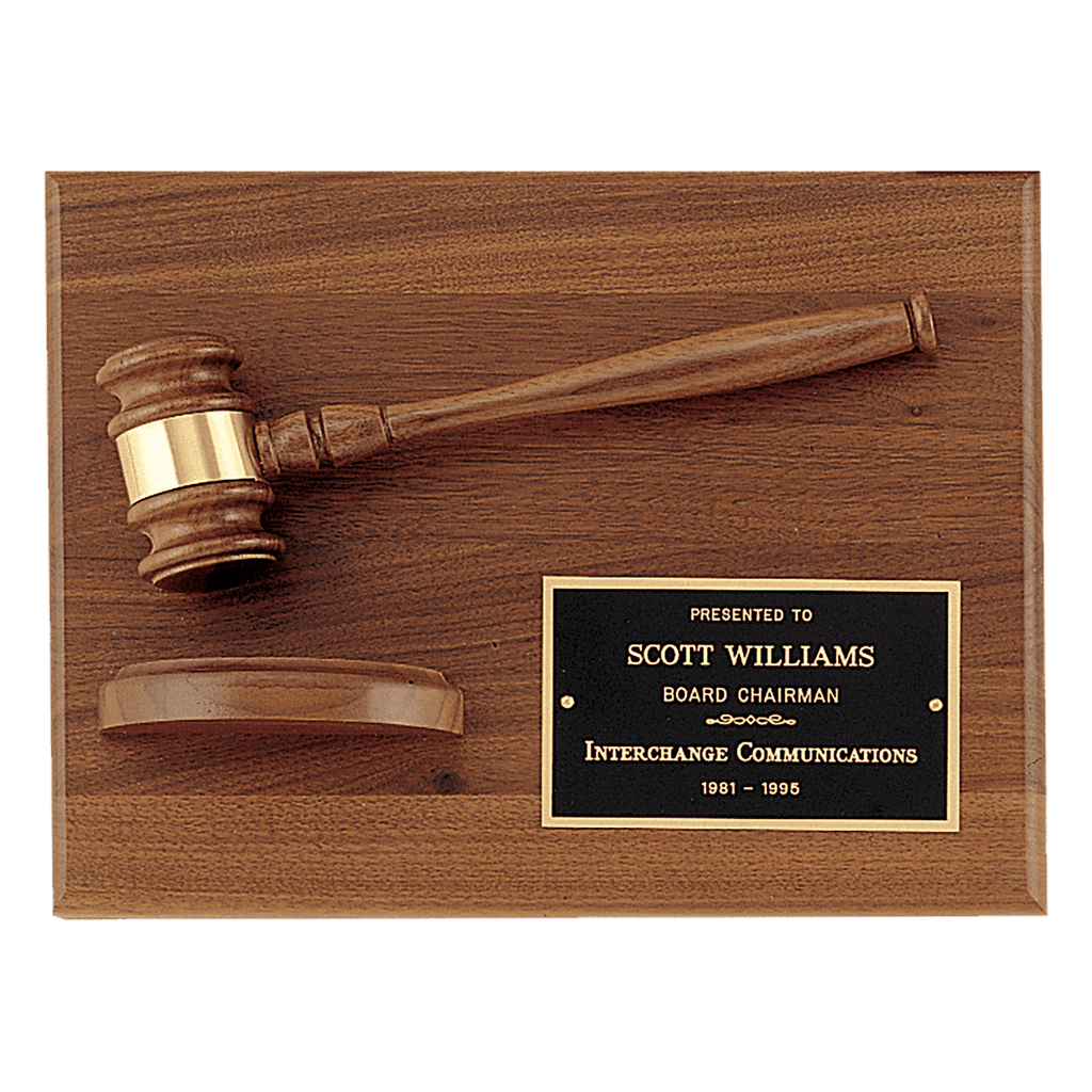 9" x 12" Solid Walnut Plaque with a Walnut Gavel, Gold Gavel Band, Laserable Brass Plate and a Walnut Half Sounding Block