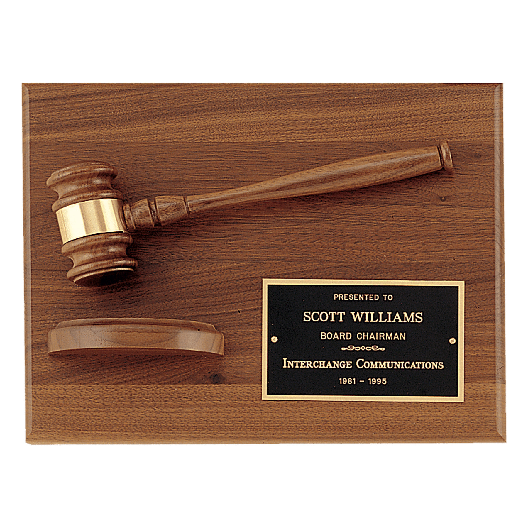 9" x 12" Solid Walnut Plaque with a Walnut Gavel, Gold Gavel Band, Laserable Brass Plate and a Walnut Half Sounding Block